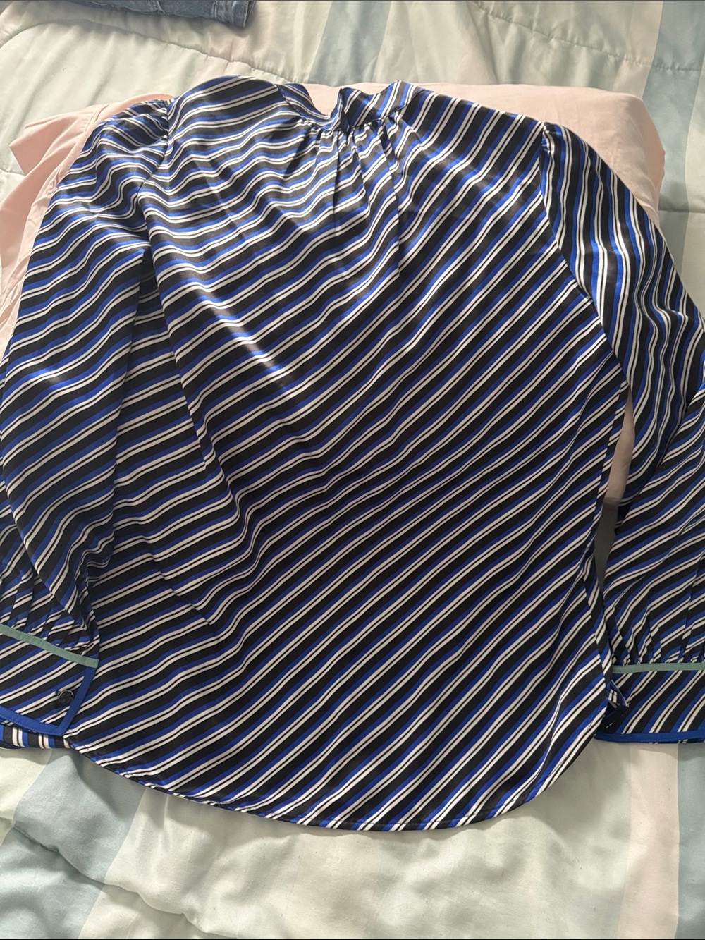 Tory Burch Black, Blue and White Striped Silk Blouse - Picture 8 of 10